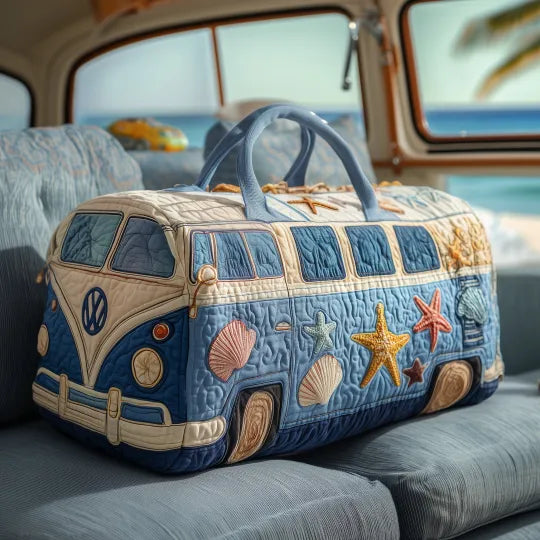 Beach-Inspired Quilted Travel Bag Featuring a Hippie Van