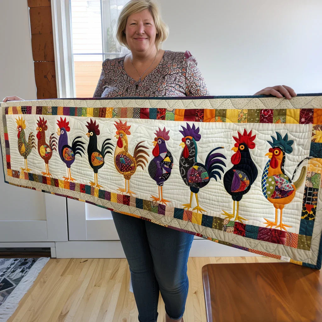 Rooster Parade Quilted Table Runner
