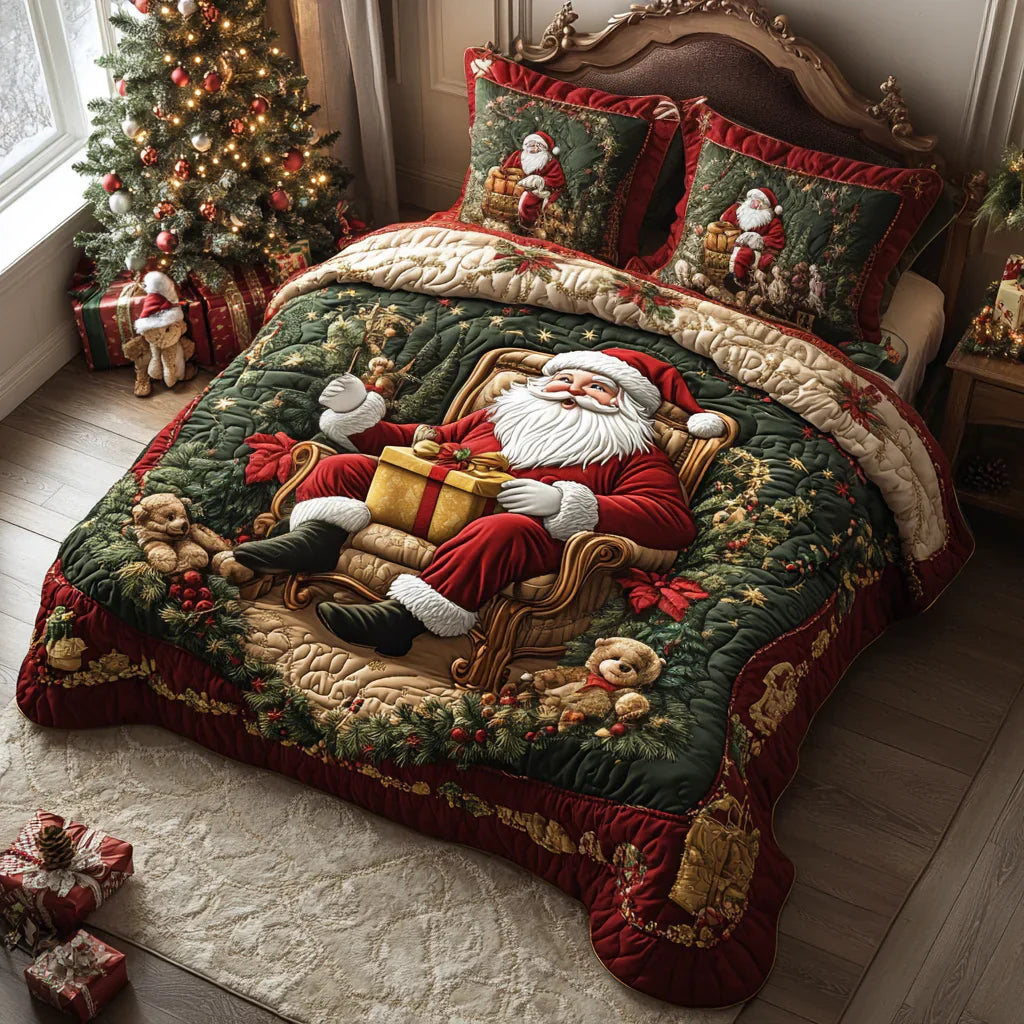 3-Piece Quilted Bedding Set - Holiday Cheer with Santa Claus