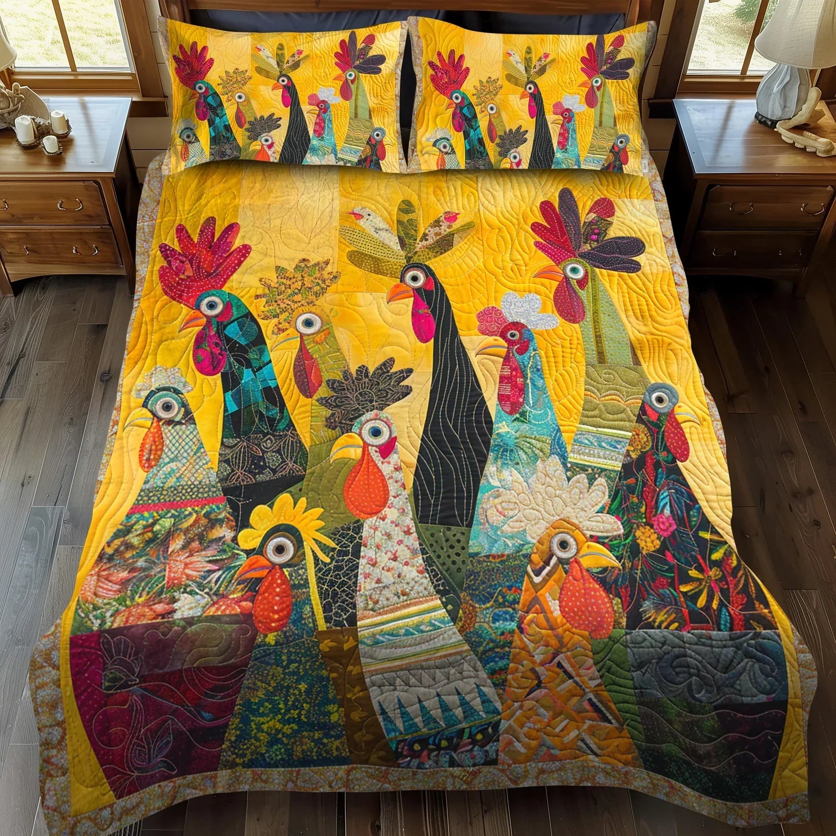 Roosters of Dawn 3-Piece Quilted Bedding Set