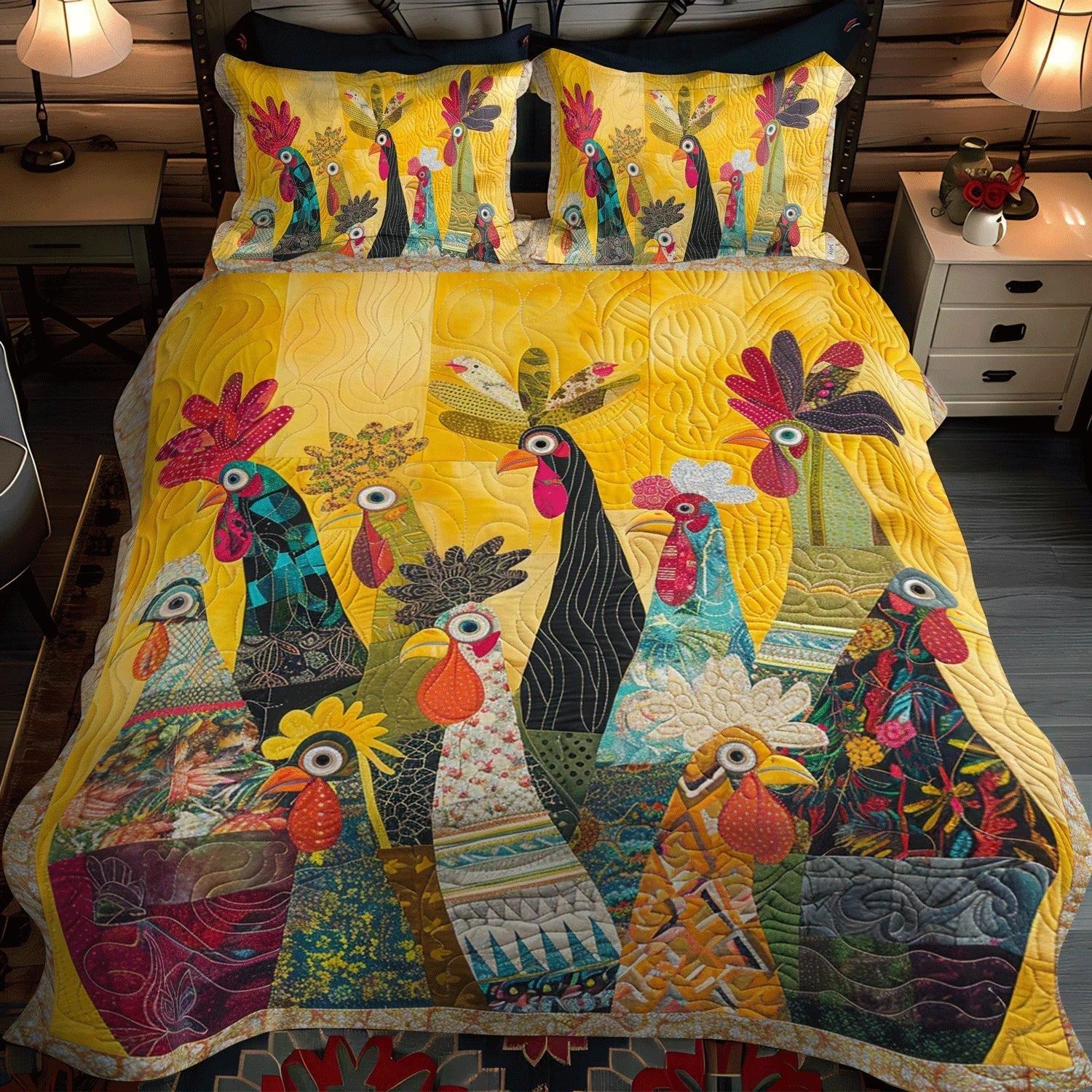 Roosters of Dawn 3-Piece Quilted Bedding Set