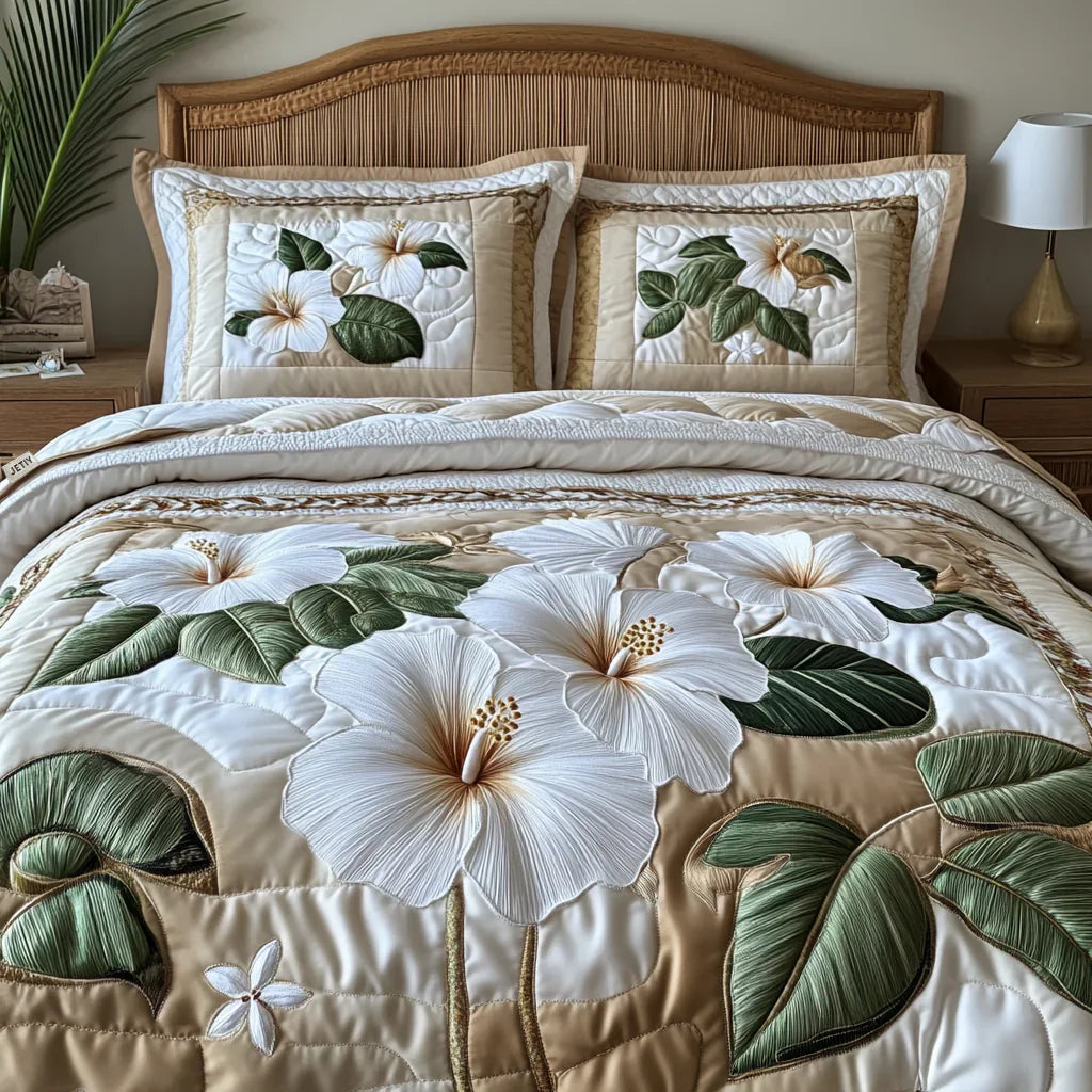 White Hibiscus 3-Piece Quilted Bedding Ensemble