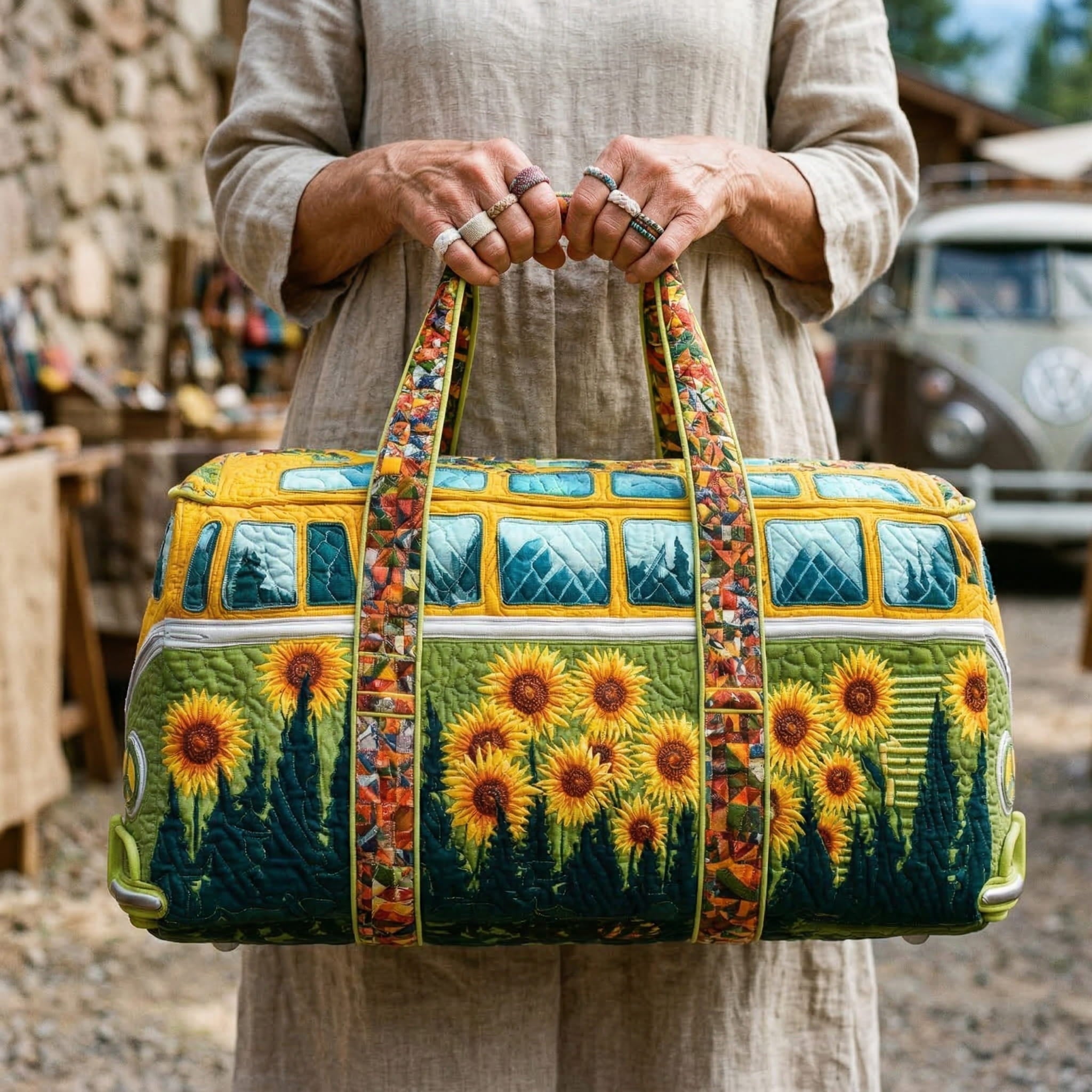 Bohemian Sunflower Quilted Travel Tote